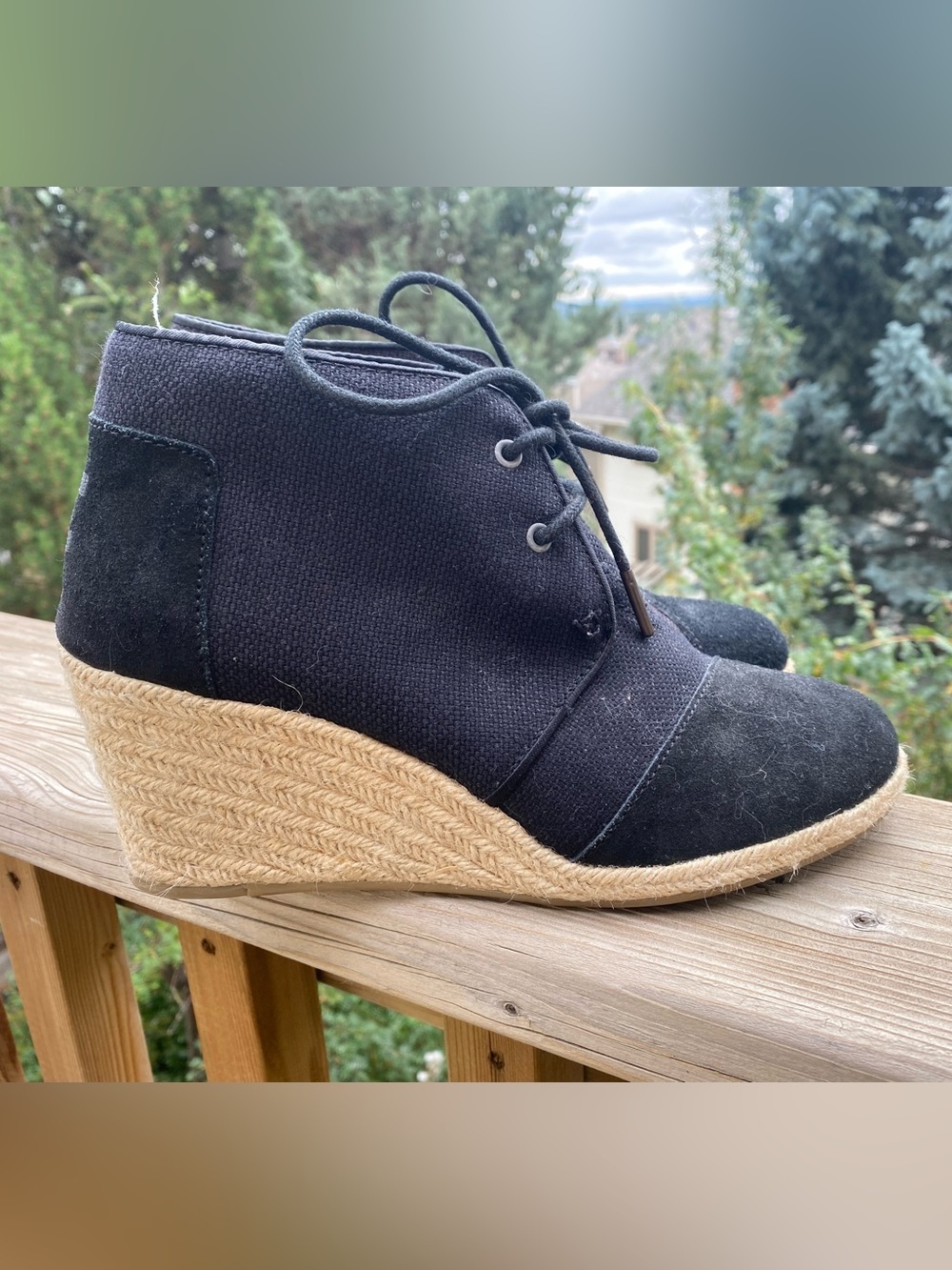 Toms Black Lace-Up Espadrille Wedge Heel Boots 8.5W Suede Canvas